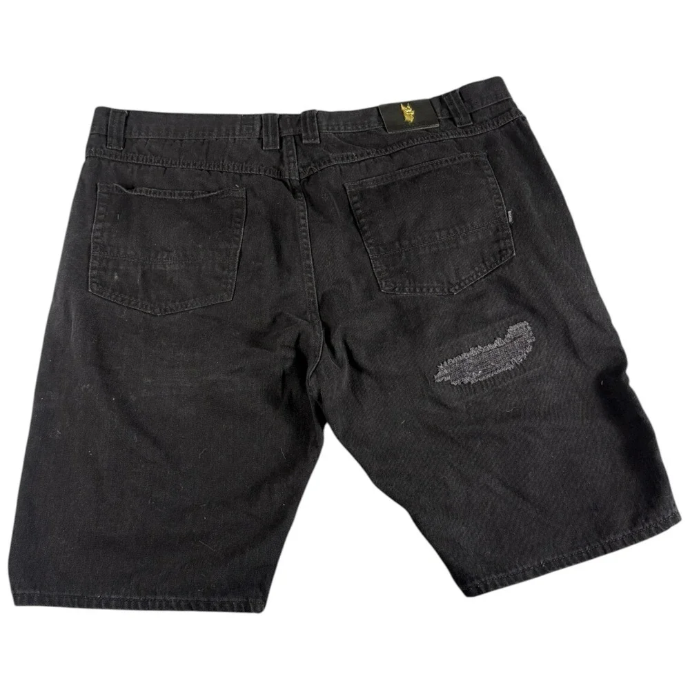 Makobi Biker Shorts Mens 46 Black Denim Distressed Rugged Moto Casual Gold Zip